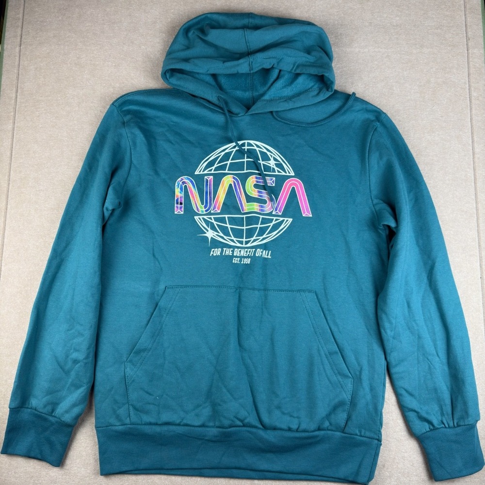 NASA Hoodie Unisex S Teal Graphic Pullover Streetwear Space Logo